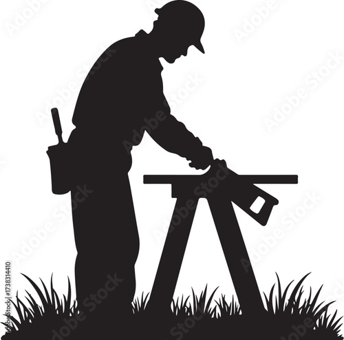 Silhouette of carpenter working with saw on sawhorse