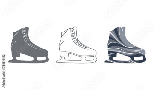 Three ice skates in different graphic styles on white background figure skate skating