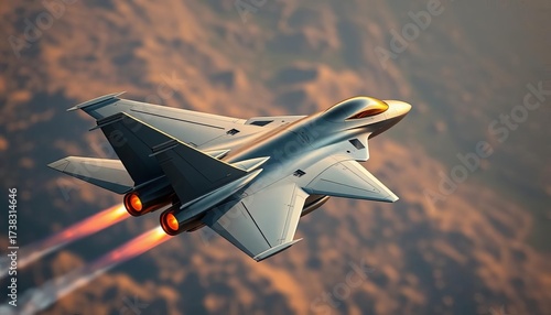 Sleek, futuristic fighter jet in flight, showcasing advanced technology,   high-tech,   drone