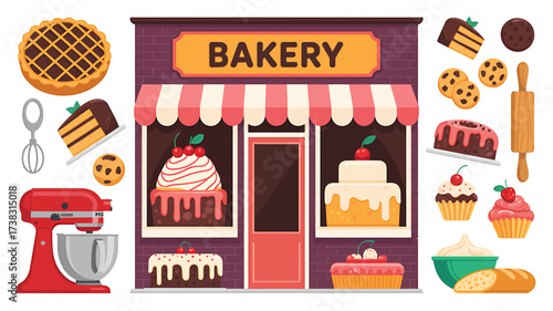 Charming Bakery Storefront Display with Assorted Cakes Pastries and Baking Equipment Vector Illustration Perfect for Food Blog or Culinary Website