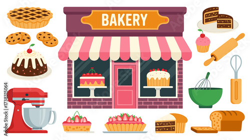Charming Bakery Shop Front with Delicious Pastries and Baking Equipment Perfect for Sweet Treat Illustrations and Food Industry Designs