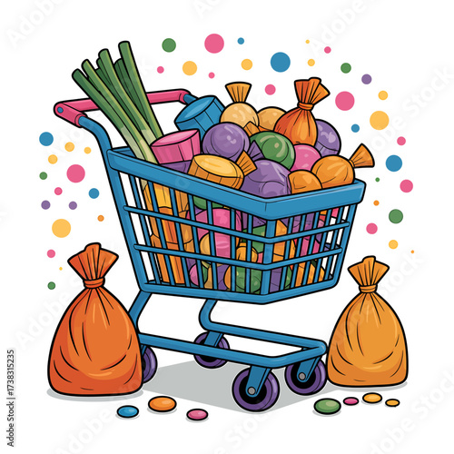 Vibrant Cartoon Shopping Cart Overflowing with Colorful Candy and Treats Creating a Whimsical Scene