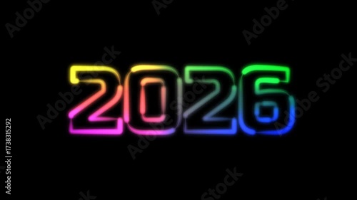 Happy New Year 2026 Animated Neon Text in Vibrant Colors. 2026 Multicolor Neon Numbers with Animated Glow Happy New Year 4K
