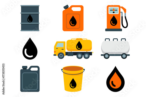 Oil Industry Icons and Symbols Representing Petroleum Products and Transportation Vector Illustration Flat Design