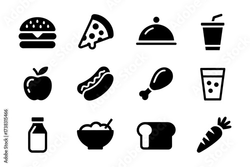 Assortment of Delicious Food and Drink Icons on a White Background Featuring a Hamburger Pizza Hot Dog and Healthy Food Items