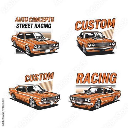 Vector art of set of classic muscle car illustrations with custom racing themes, , ideal for automotive enthusiasts and designers