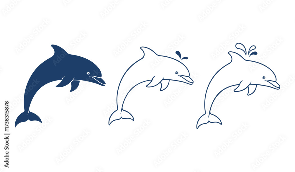 Obraz premium Three navy blue dolphins one solid silhouette two outlines with water splashes vector