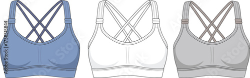 Sports bra vector illustration, front view fashion template with criss cross straps, activewear design mockup for women clothing, fitness apparel, gym wear, workout style