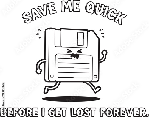 Cute floppy disk cartoon character running with distress on transparent background silhouette