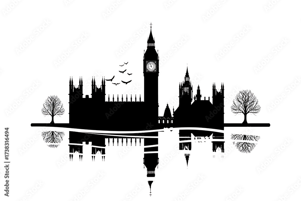 Naklejka premium London's iconic skyline featuring Big Ben and Houses of Parliament, with a touch of nature and reflection, creating a captivating silhouette design