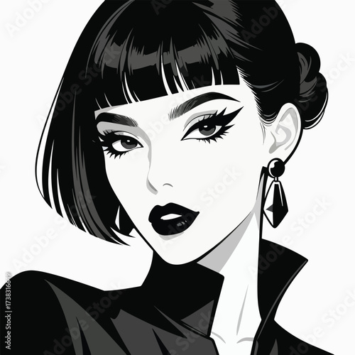 Black and White Vector Illustration of a Stylish Woman with Bold Eyeliner