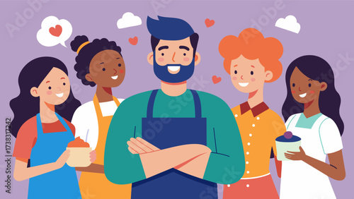 In a group of friends a man voices his love for cooking and baking defying the stereotype that only women should enjoy domestic tasks.. Vector illustration
