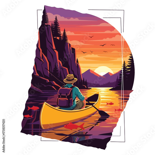 Serene sunset paints the sky as lone angler paddles kayak through tranquil waters, surrounded by majestic mountains and vibrant fish below.