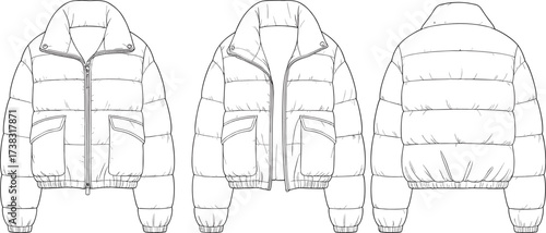 Vector illustration of puffer jacket fashion flat template with front, side and back view, quilted winter coat design for apparel, clothing and outerwear