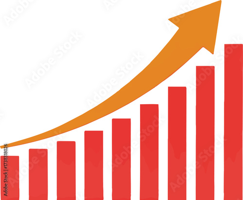 Vector art of red bar graph with an upward trending arrow showing business growth and success