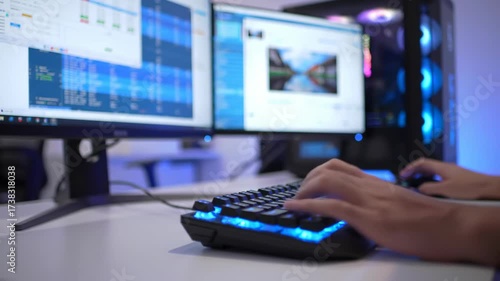 Wallpaper Mural Hands typing on a glowing keyboard in front of computer monitors Torontodigital.ca