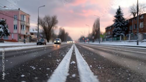 Winter road in a quiet town during dawn with snow and colorful sky