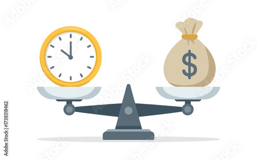 Balance Scale Weighing Clock Against Money Bag With Dollar Sign time