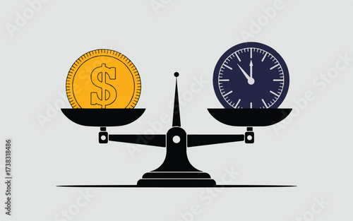 Balance Scale Comparing Gold Coin with Dollar Sign and Clock Face weighing comparison