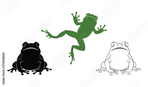 Three stylized frogs one black silhouette one green silhouette one outline amphibian animal