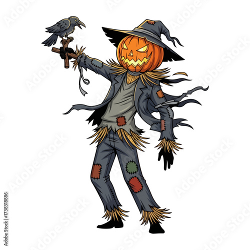 Spooky Cartoon Scarecrow with Glowing Pumpkin Head Vector Illustration