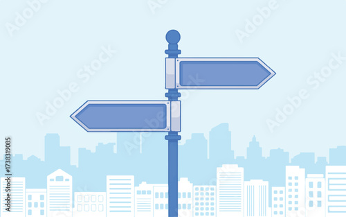 Directional Signpost With Blank Blue Signs Against City Skyline Silhouette road