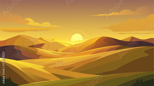 As the sun set behind the horizon the rolling hills were bathed in a warm golden glow casting long shadows and creating a serene atmosphere.