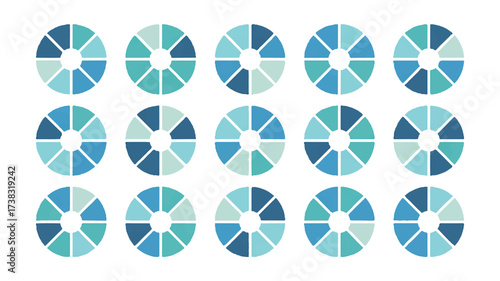 Fifteen circular diagrams with segmented color sections in shades of blue and teal charts graphs