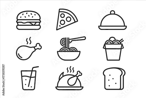 Food icon set. Line art vector graphic for restaurant menu, food delivery service, fast food. Includes burger, pizza, chicken, noodles, drink. Simple outline pictograms.