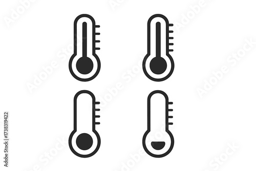 Vector thermometer icon set. Temperature goal progress meter. Weather forecast hot cold symbol. Medical fever heat. Climate measurement illustration. Celsius and fahrenheit.