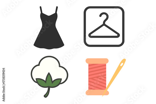 Fashion and garment industry icon set. Vector graphics for clothing, textile, sewing, and tailoring. Includes dress silhouette, hanger symbol, cotton plant, and thread with needle.