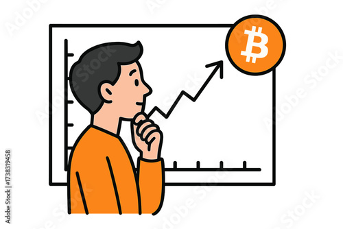 Man looking at Bitcoin price chart going up. Cryptocurrency investment and trading success. Vector concept of crypto bull market, digital currency growth, financial profit.
