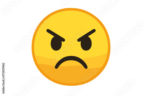 Angry face emoji. Mad emoticon vector icon. Furious, grumpy, annoyed smiley character. Negative emotion, bad mood, frustration concept. Cartoon illustration isolated.