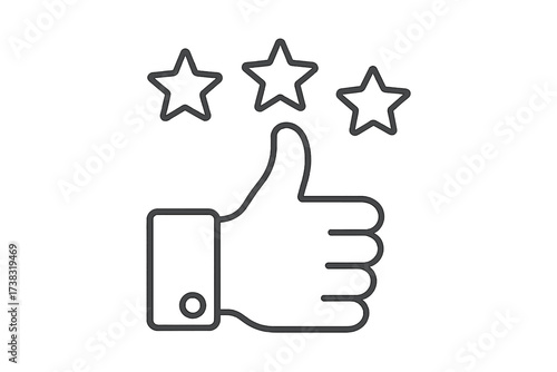 Thumbs up with stars icon. Customer review, quality rating, and satisfaction concept. Positive feedback symbol. Approval, certified, and best choice line art vector illustration.