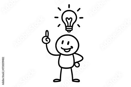 Creative idea. Problem solving concept. Doodle character with light bulb. Innovation and insight. Business solution and strategy. Vector stick figure with eureka moment. Success.