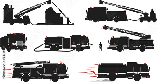 "Set of fire truck vector silhouettes with ladders, hoses, firefighters, emergency rescue vehicles illustration for firefighting, safety, emergency response design"