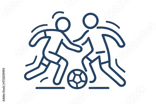 Football players fighting for the ball. Soccer duel in a match. Vector line art icon of a sports competition, game, or championship. Minimal outline symbol for sport.