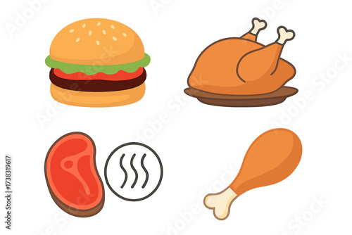 Meat and fast food icon set. Vector collection of food symbols. Hamburger, burger, roasted chicken, grilled steak, drumstick. Isolated graphic elements for restaurant menu.