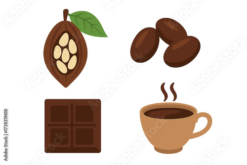 Chocolate and cocoa vector icon set. Collection of cocoa pod, beans, hot chocolate drink and sweet candy bar. Food ingredient and dessert illustration. Isolated graphic symbols.