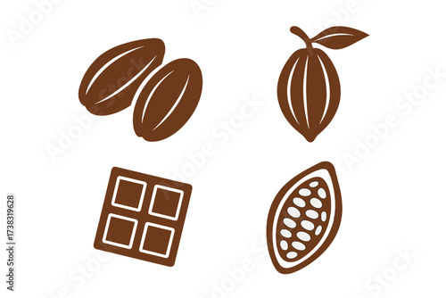 Cocoa and chocolate icon set. Vector collection of cacao beans, pod, fruit, and sweet dark chocolate bar. Isolated graphic symbols for dessert and food ingredient design.
