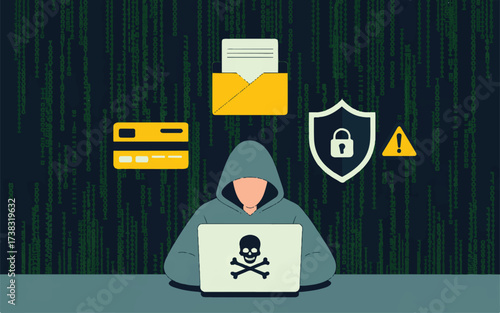 Hacker at Laptop with Cybercrime Symbols on Matrix Background security computer