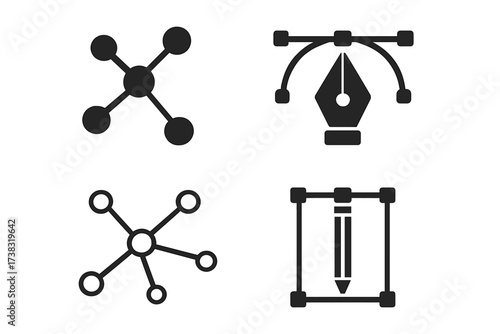 Graphic design icon set. Vector pen tool with anchor points. Bezier curve. Pencil draw symbol. Network connection, hub, communication, technology concept. Isolated elements.