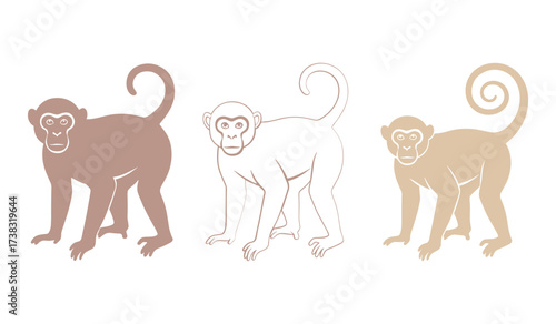 Three stylized monkeys in muted brown and beige tones on a white background primate animal