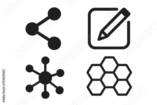 Vector icon set for web and app design. Includes share, connect, network, hub, edit, and honeycomb structure symbols. Perfect for UI, UX, and technology concepts.