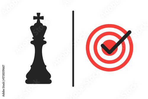 Chess king and target icon set. Concept of business strategy, reaching goal, success and victory. Checkmate and achievement. Metaphor for tactics, planning, and winning.