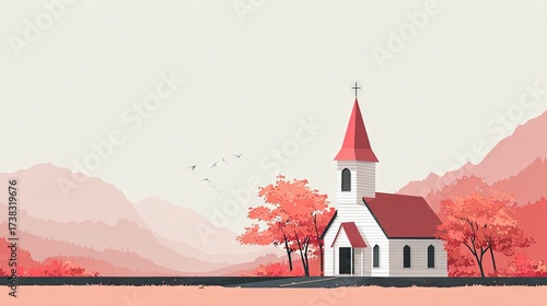 Pastel church landscape illustration