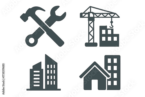 Construction icon set vector collection. Real estate and building symbols. Contractor tools, hammer, wrench. Development crane, skyscraper, house, property logo concept.