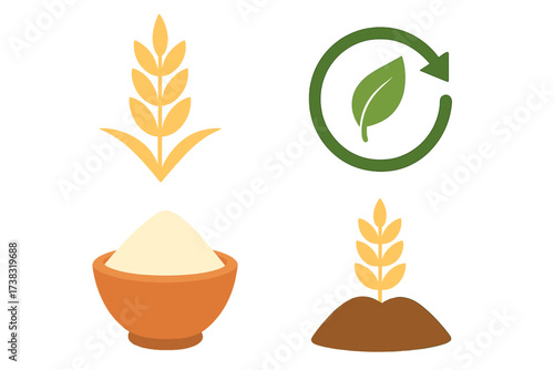 Wheat grain icon set for agriculture and baking. Vector logos for organic food, sustainable farming, and natural products. Cereal, flour, harvest, and eco recycle symbols.