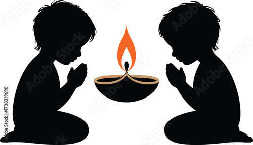 Children Praying Together With Diya Lamp Illustration