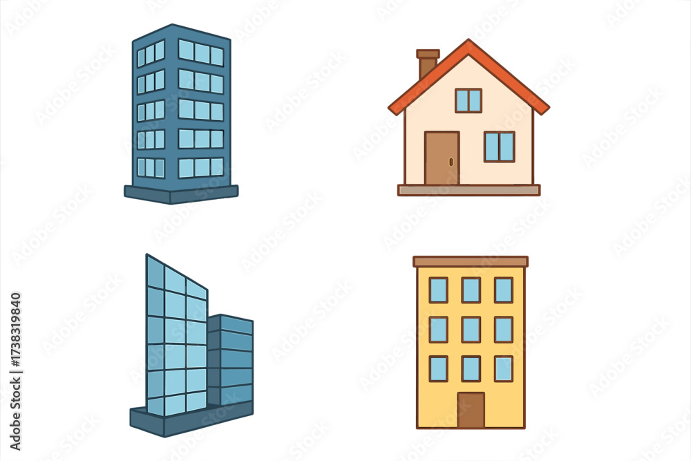 Fototapeta premium Building icon set. Vector collection of house, home, office, skyscraper, apartment illustrations. Modern architecture and real estate symbols for web. Isolated flat design elements.